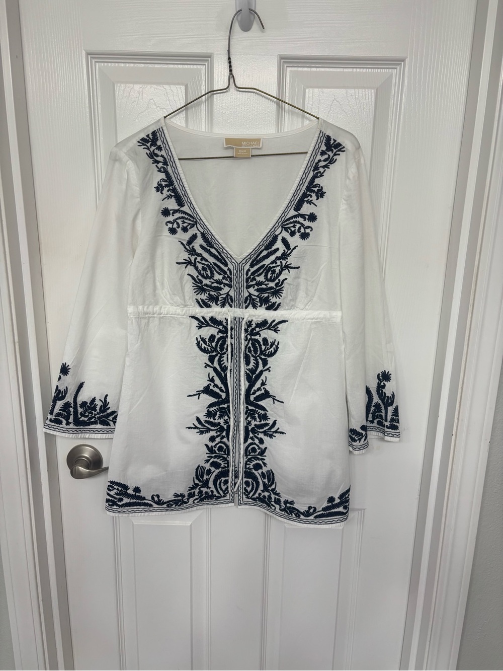Michael Kors Embroidered Tunic Top White Navy Boho Blouse Small